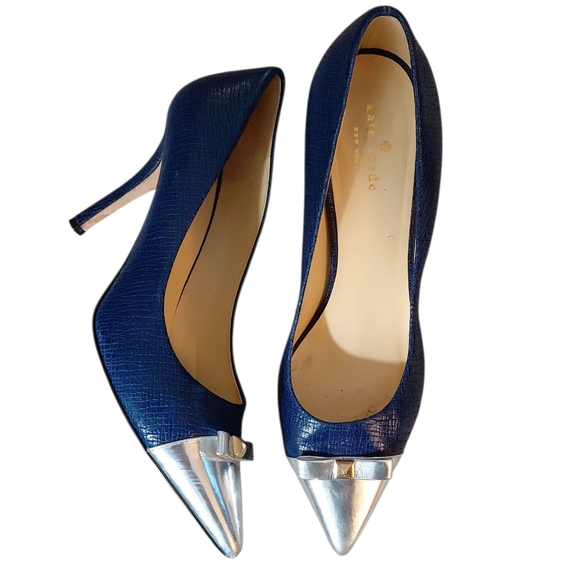 Kate Spade Paloma Blue Snake Embossed Silver Cap Toe Pumps Heels 9.5 - Picture 1 of 12